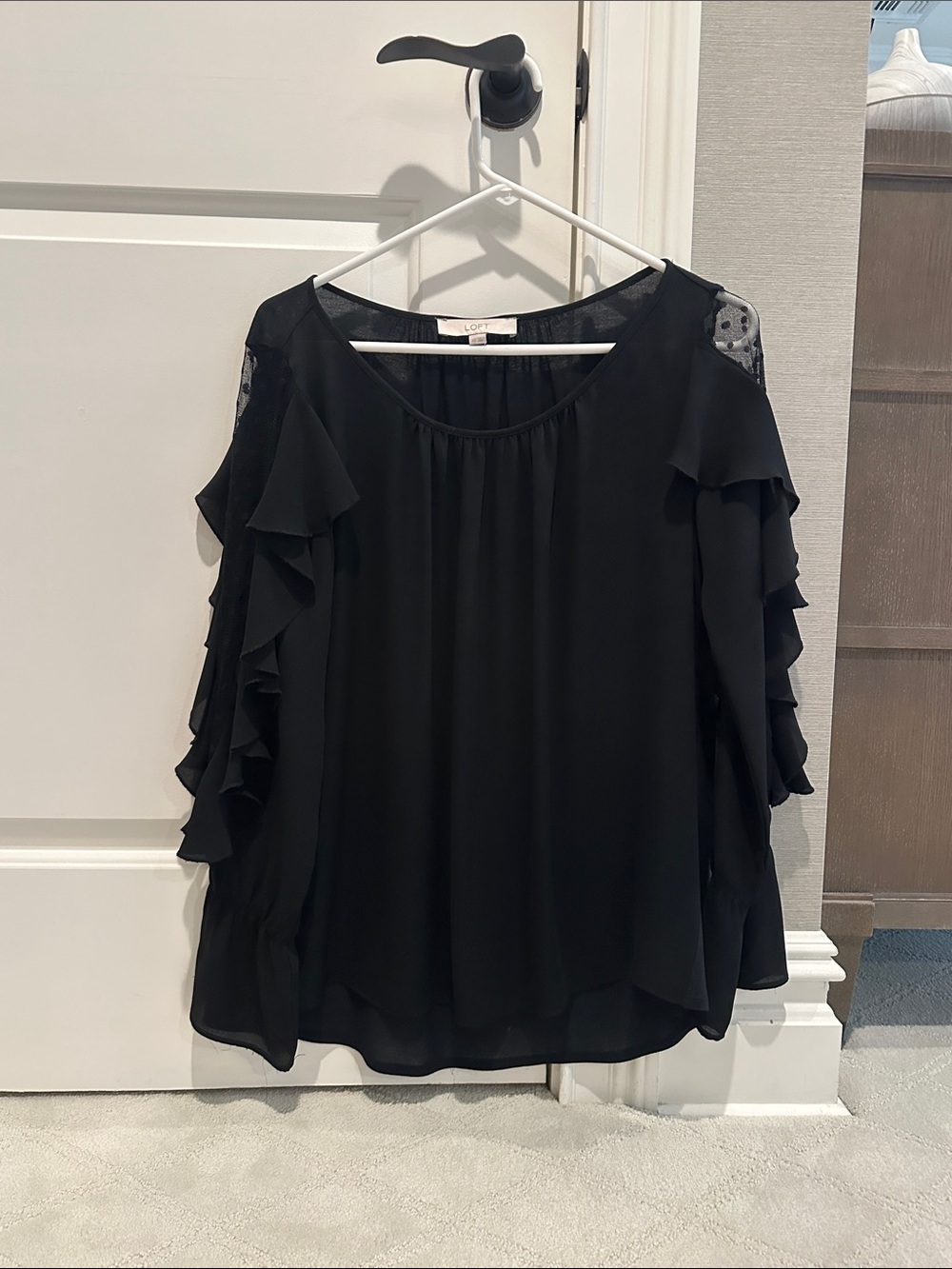 LOFT Black Ruffle-Sleeve Blouse with Sheer Polka-Dot Yoke